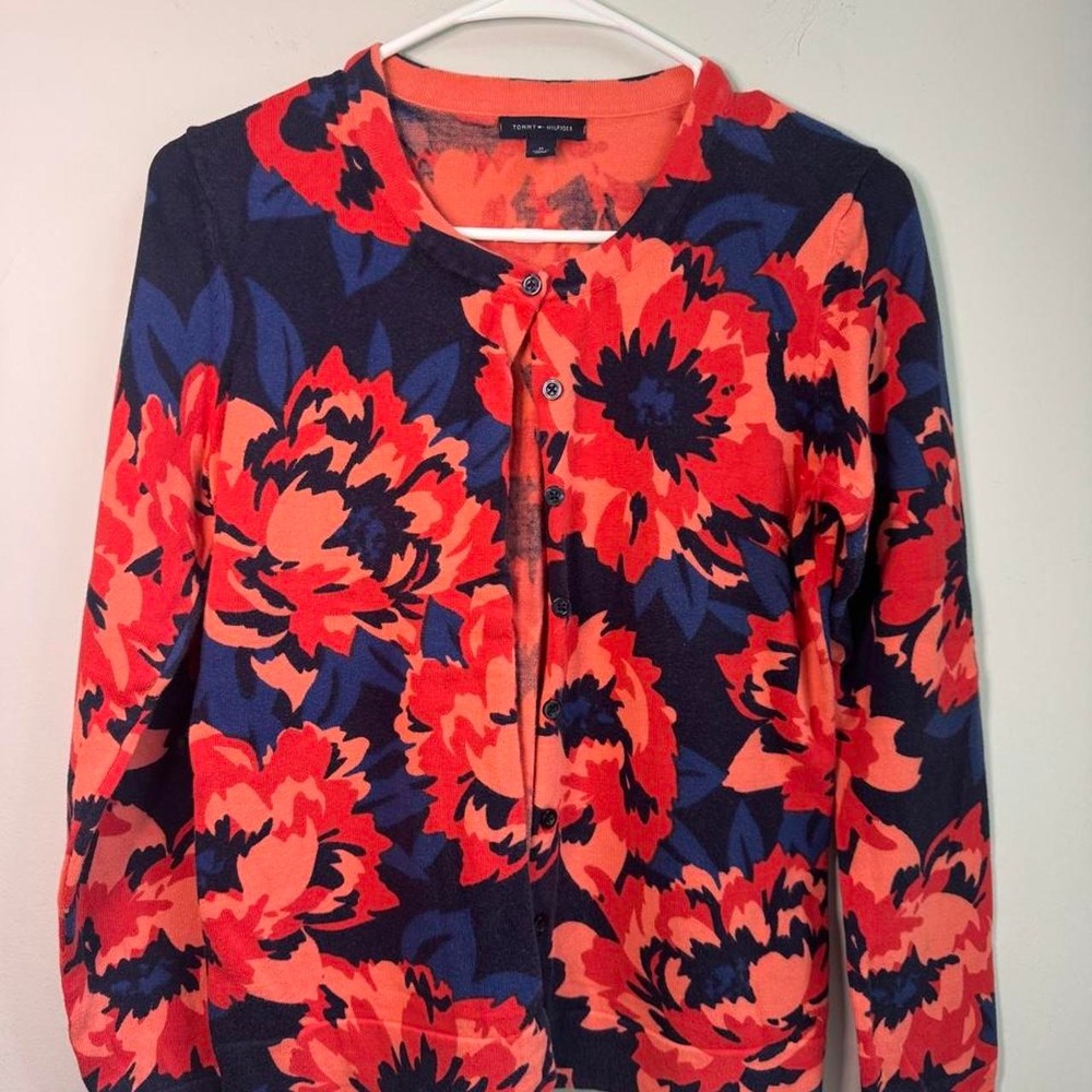Tommy Hilfiger red and navy floral cardigan in women's size M
